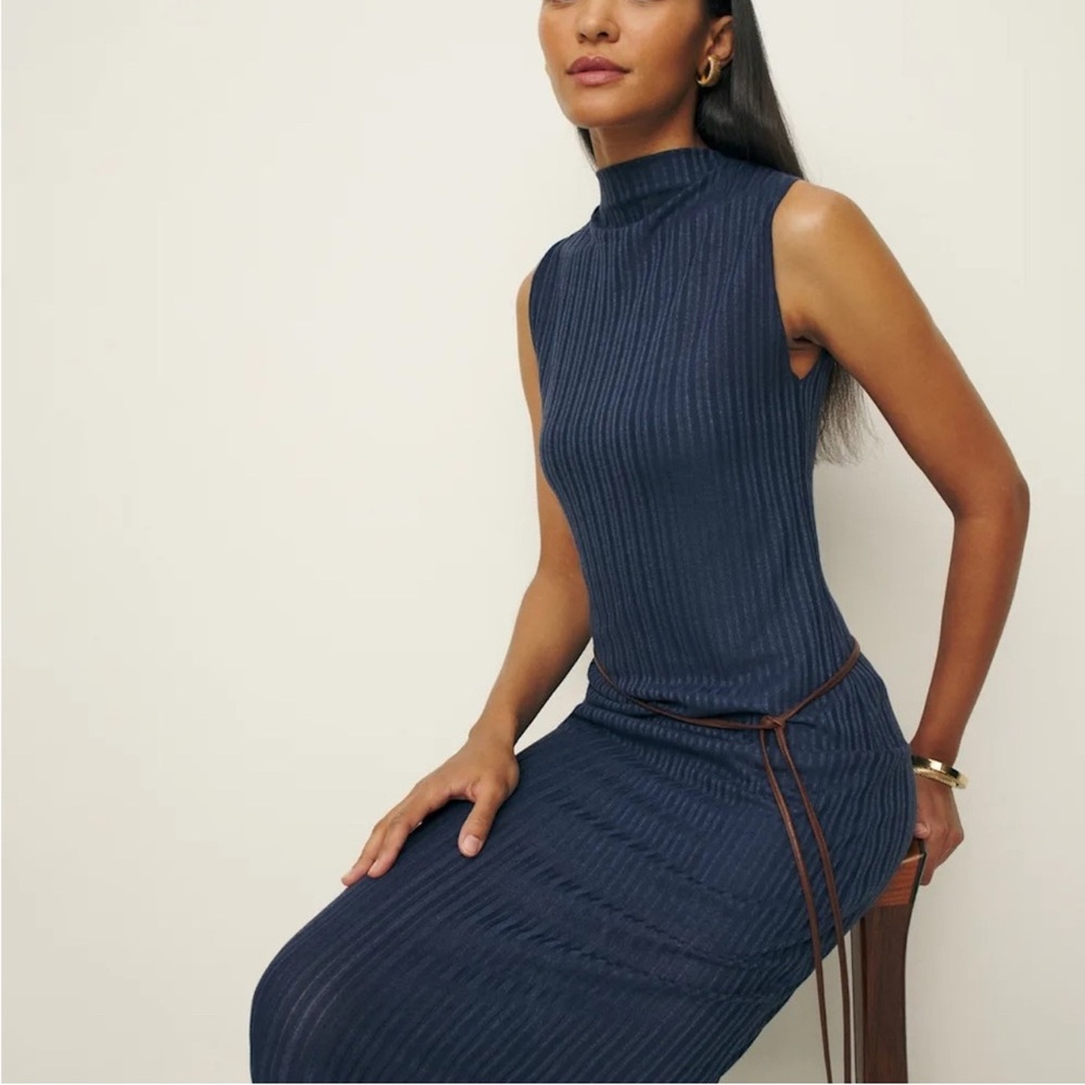 Reformation Arabella Knit Dress | Ribbed Mock Neck Midi | Blue | Size M